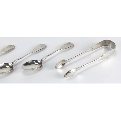 2443 - Set of four Victorian silver teaspoons and sugar tongs, approximate weight 113.5g