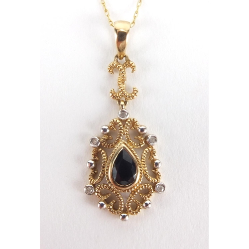 2571 - 9ct gold sapphire and diamond pendant on a 9ct gold necklace, the pendant 3cm in length, approximate... 