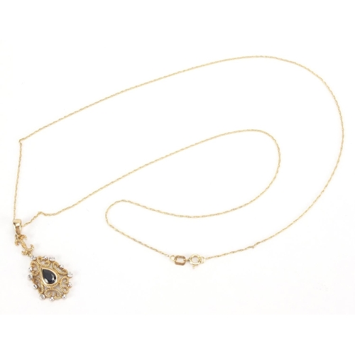 2571 - 9ct gold sapphire and diamond pendant on a 9ct gold necklace, the pendant 3cm in length, approximate... 