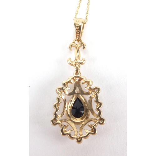 2571 - 9ct gold sapphire and diamond pendant on a 9ct gold necklace, the pendant 3cm in length, approximate... 