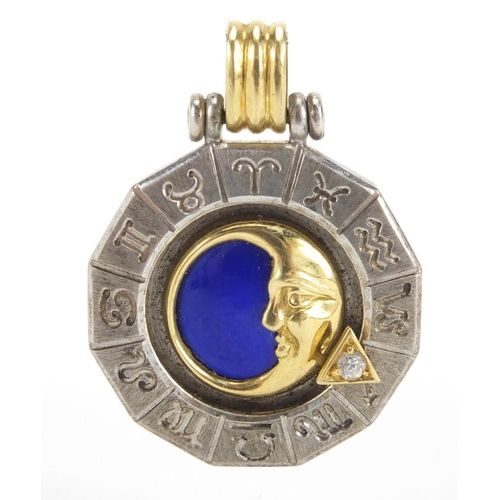 2661 - Silver and 18ct gold zodiac pendant with enamelled decoration and set with a diamond, 3.5cm in lengt... 