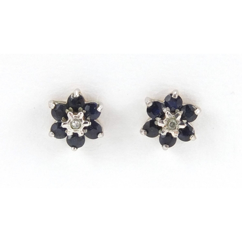 2666 - Pair of 9ct gold diamond and sapphire flower head earrings, 5mm in diameter, approximate weight 0.5g