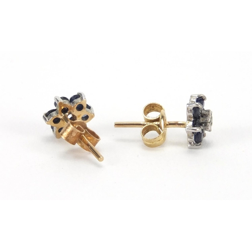 2666 - Pair of 9ct gold diamond and sapphire flower head earrings, 5mm in diameter, approximate weight 0.5g