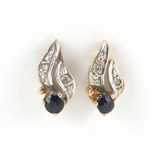 2613 - Pair of 9ct gold sapphire and diamond earrings, 1.2cm in length, approximate weight 1.1g