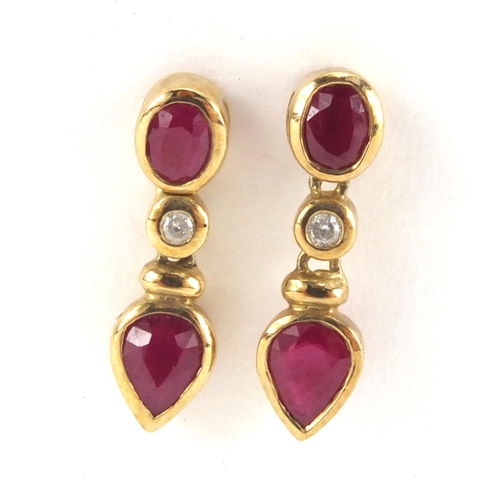 2596 - Pair of 9ct gold ruby and diamond earrings, 1.8cm in length, approximate weight 2.2g