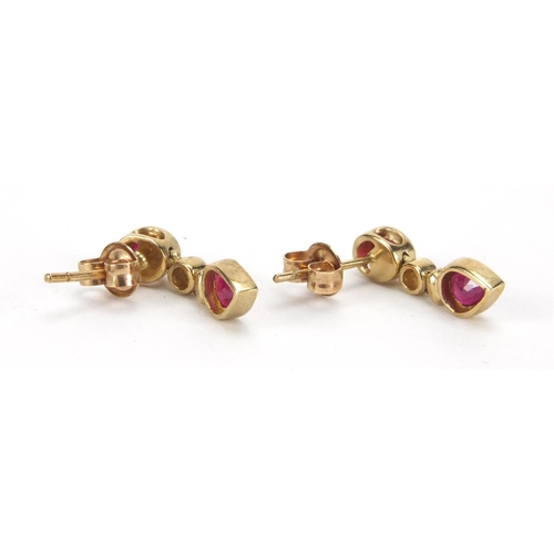 2596 - Pair of 9ct gold ruby and diamond earrings, 1.8cm in length, approximate weight 2.2g