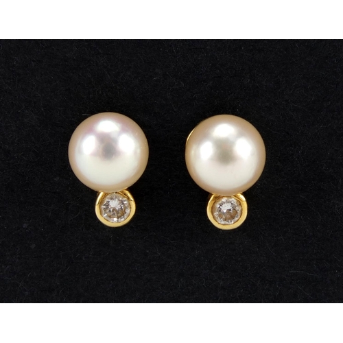 2630 - Pair of 9ct gold cultured pearl and diamond earrings, approximate weight 1.9g