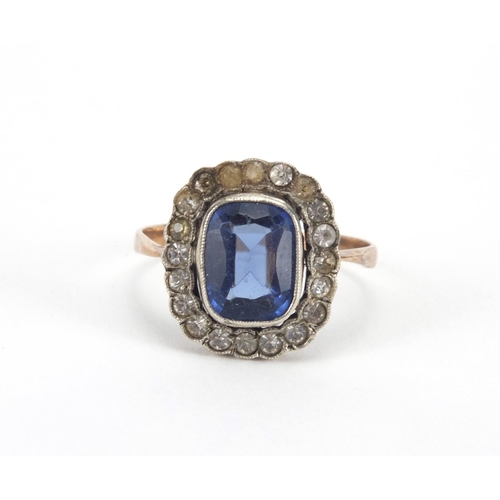 2559 - Unmarked gold blue and clear stone dress ring, Size K, approximate weight 2.2g