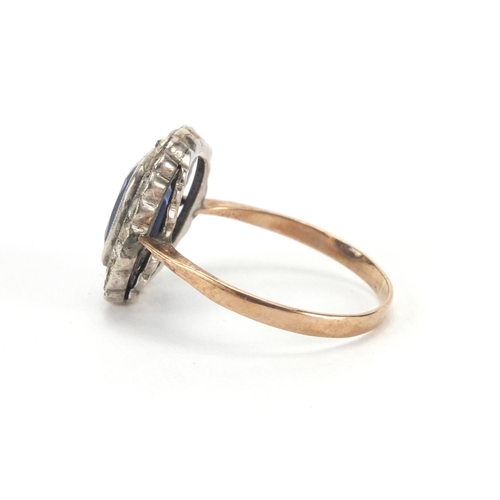 2559 - Unmarked gold blue and clear stone dress ring, Size K, approximate weight 2.2g