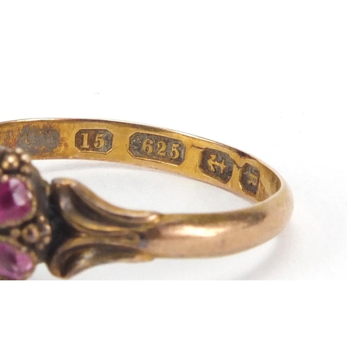 2620 - Antique 18ct gold ring set with pink stones, size K, approximate weight 1.9g