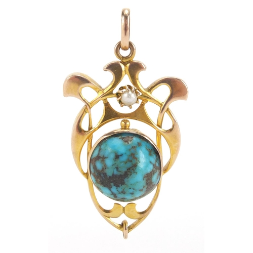 2569 - Art Nouveau 9ct gold turquoise and seed pearl pendant, 3.5cm in length, approximate weight 3.3g