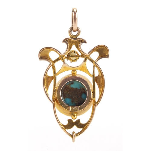 2569 - Art Nouveau 9ct gold turquoise and seed pearl pendant, 3.5cm in length, approximate weight 3.3g