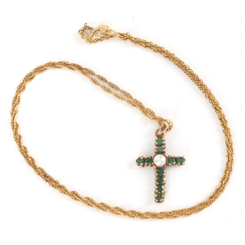 2540 - 9ct gold emerald and pearl cross pendant on a 9ct gold necklace, approximate weight 2.8g