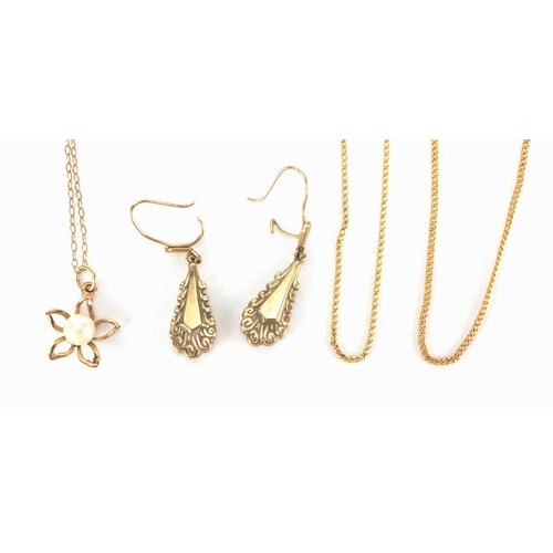 2582 - Three 9ct gold necklaces, 9ct gold pendant and pair of 9ct gold earrings, approximate weight 5.6g