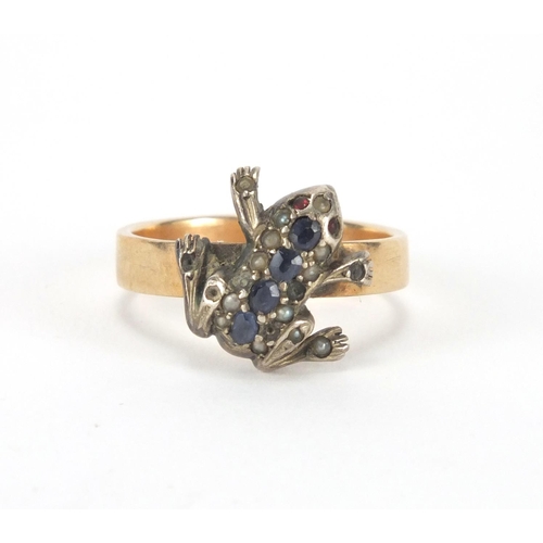 2583 - Unmarked gold ring mounted with a frog and set with assorted stones, size O, approximate weight 4.3g