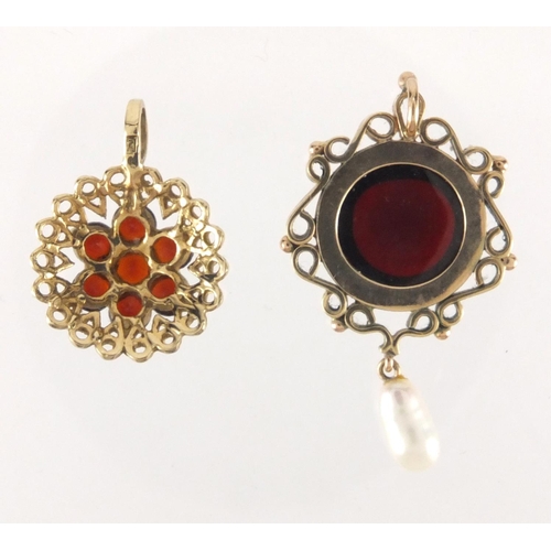 2606 - 9ct gold garnet cluster pendant and a gold coloured metal cabochon garnet pendant, approximate weigh... 