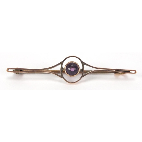 2656 - 9ct gold amethyst bar brooch and a vintage jet and clear stone necklace