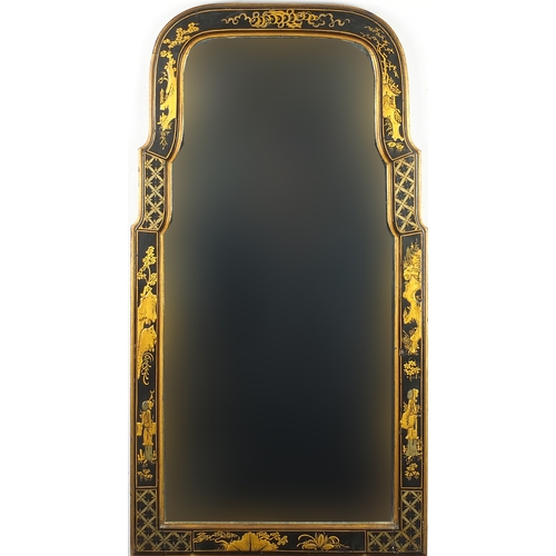 2018 - Shaped black lacquered over mantel mirror, hand gilded in the chinoiserié manor with figures, 74cm h... 