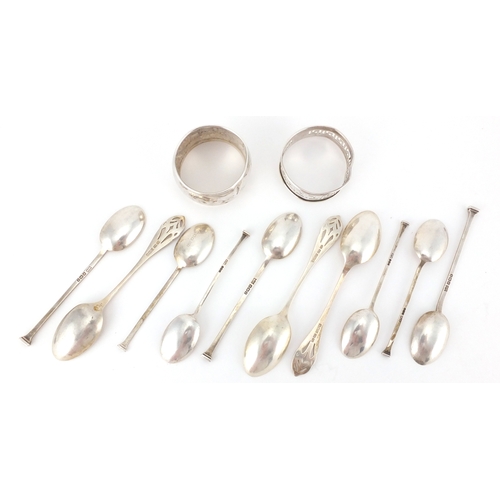 2436 - Silver items comprising seven Mappin & Webb teaspoons, two napkin rings and a set of three teaspoons... 