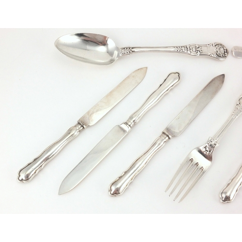 2444 - Silver cutlery comprising Georgian table spoon, Victorian fork, one other spoon and set of six silve... 