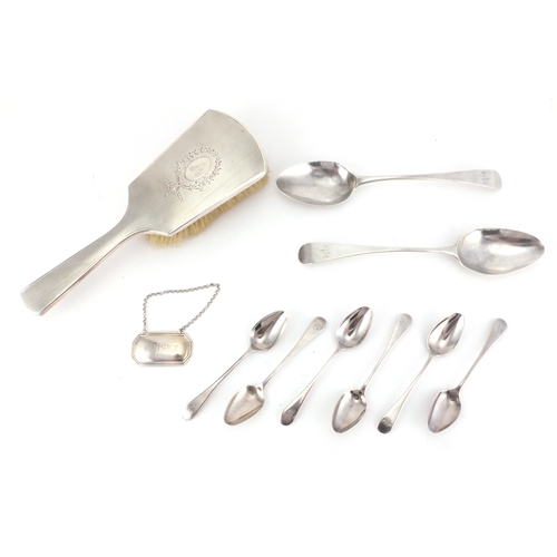 2434 - Silver items, pair of Georgian table spoons, set of six teaspoons, whisky decanter label and a silve... 