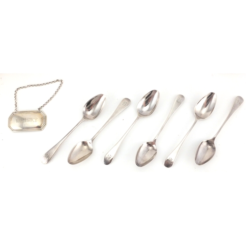 2434 - Silver items, pair of Georgian table spoons, set of six teaspoons, whisky decanter label and a silve... 