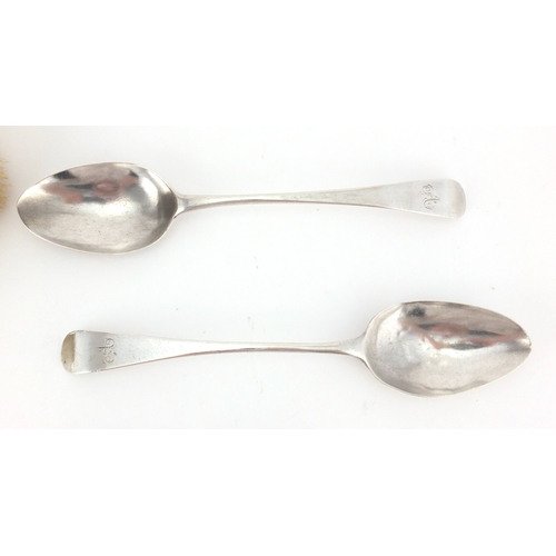 2434 - Silver items, pair of Georgian table spoons, set of six teaspoons, whisky decanter label and a silve... 