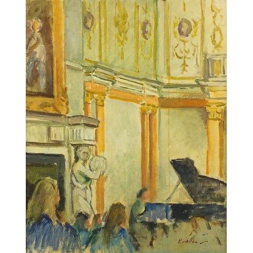 2403 - Guy Roddon - The concert, oil onto canvas, Leigh Underhill Gallery label verso, framed, 50cm x 39cm