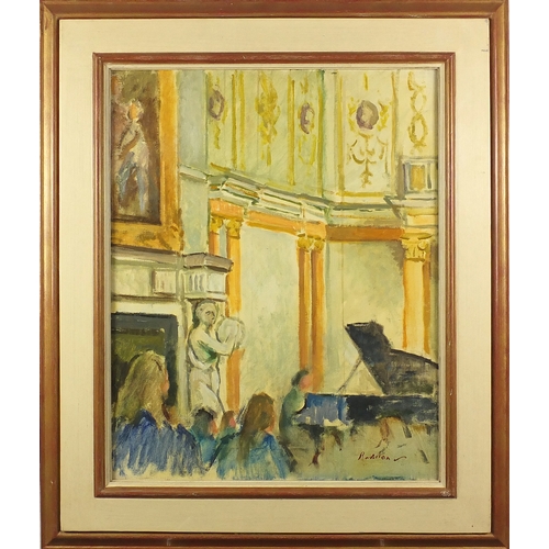 2403 - Guy Roddon - The concert, oil onto canvas, Leigh Underhill Gallery label verso, framed, 50cm x 39cm