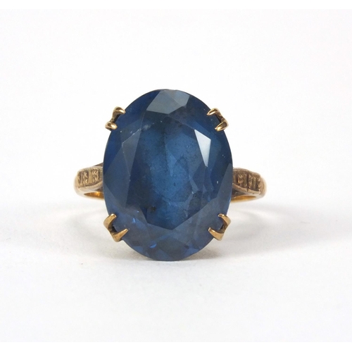 2611 - Large 9ct gold blue stone ring, size N, approximate weight 5.2g