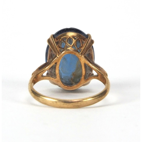 2611 - Large 9ct gold blue stone ring, size N, approximate weight 5.2g