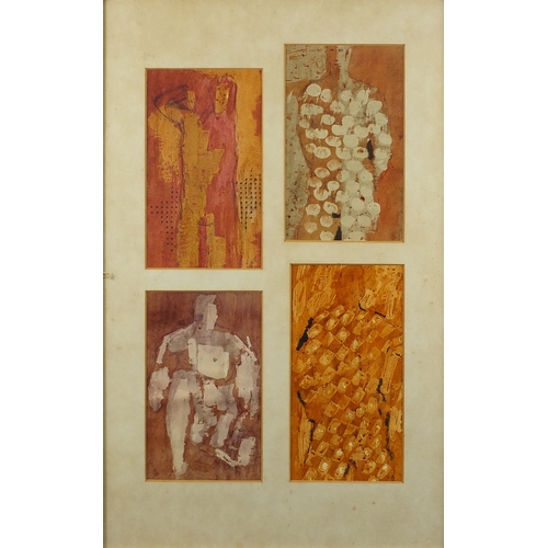 2400 - Abstract composition, four men, mixed media, mounted and framed, each 20cm x 15cm