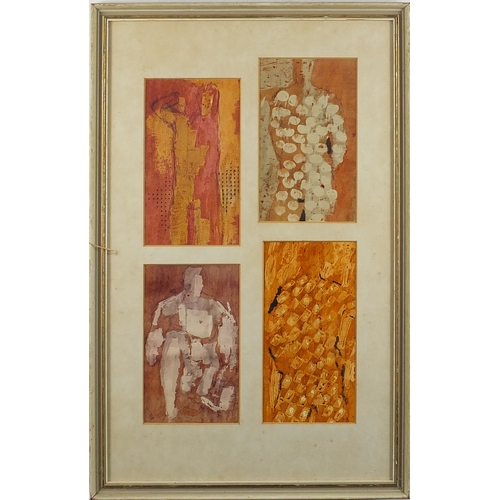 2400 - Abstract composition, four men, mixed media, mounted and framed, each 20cm x 15cm