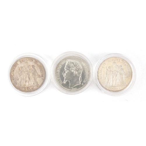 2473 - Three 19th century French silver five francs, 1869, 1873 and 1876, approximate weight 91.5g (includi... 