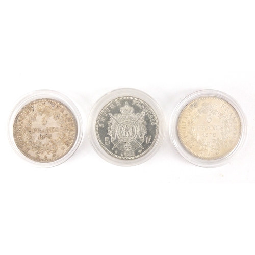 2473 - Three 19th century French silver five francs, 1869, 1873 and 1876, approximate weight 91.5g (includi... 