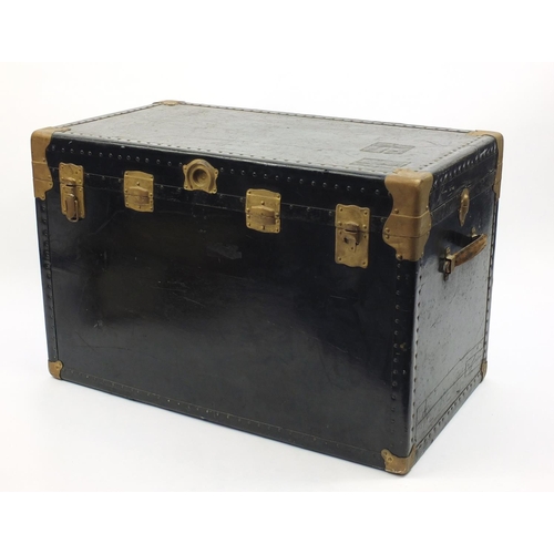 41 - Vintage trunk with leather handles and gilt metal fittings, 65cm H x 99cm W x 57cm D