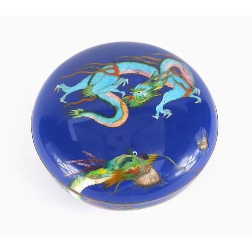 2396 - Japanese cloisonné box and cover, decorated with two dragons, 11cm in diameter