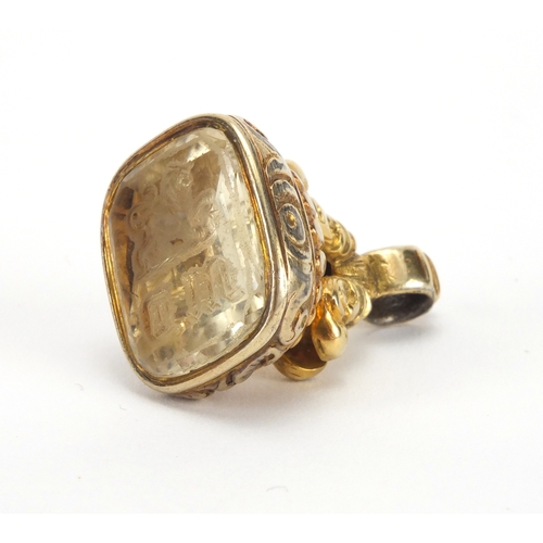 2653 - Victorian gilt metal intaglio quartz seal with a lion, 3cm high, approximate weight 15.5g