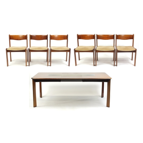 2005 - Vintage Danish rosewood extending dining table and six chairs by Mobel Fabrik, the chairs and table ... 