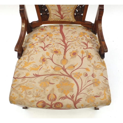 31 - Victorian inlaid rosewood ladies chair, raised on tapering legs with tree pattern upholstery, 74cm h... 