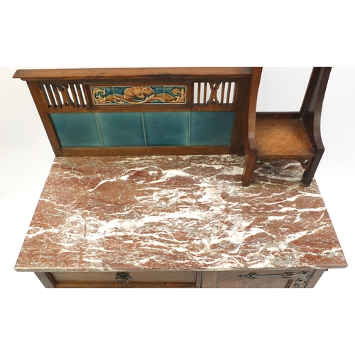 14 - Oak Art Nouveau wash stand with marble top and tiled back, 115cm H x 92cm W x 48cm D