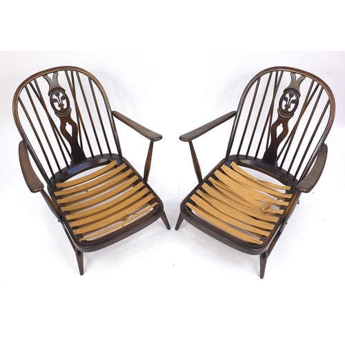 13 - Pair of Ercol elm stick back arm chairs, 75cm high