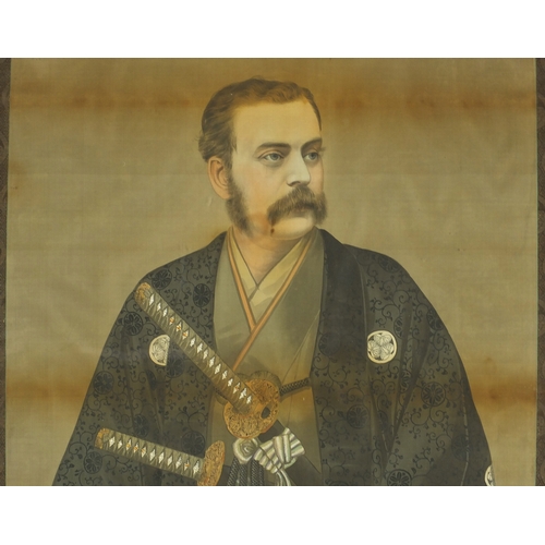 2018a - Large Victorian mahogany framed watercolour onto silk of a western gentleman in traditional Japanese... 
