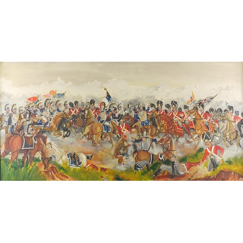 52 - Battle of Waterloo, oil onto board, bearing a monogram R, framed, 95cm x 48cm