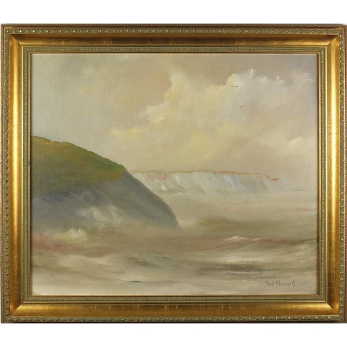 57 - Jack Alexander, oil onto canvas, foggy cliff scene, gilt framed, 60cm x 50cm