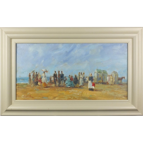 26 - Christaux, pair oil onto canvas, Victorian figures at seaside, both framed, 59cm x 28cm