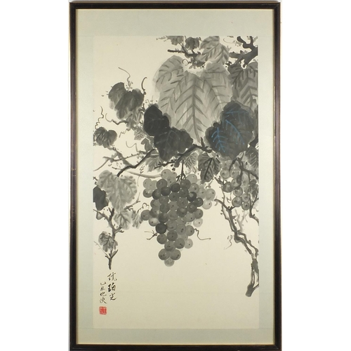 58 - Oriental Chinese watercolour on paper, fruiting vines, mounted and framed, 66cm x 38cm