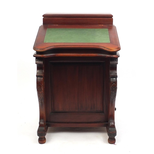 2 - Reproduction mahogany Davenport desk with scrolling supports, 85cm high