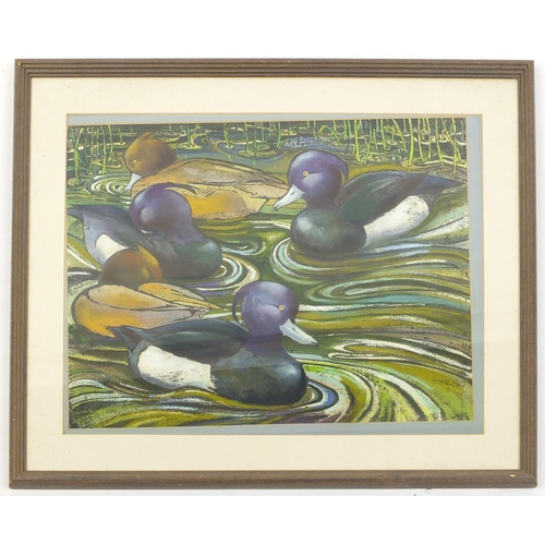 24 - Sue Allen mixed media, ducks on a pond, mounted and framed, 57cm x 44cm