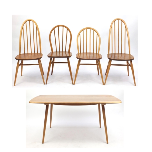 12 - Ercol elm table and four stick back chairs, the table 71cm H x 150cm W x 76cm D